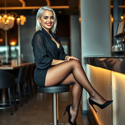 A full-length, head-to-toe side view of a beautiful smiling young woman sitting on a stool at a modern luxury hotel bar, elegantly crossing her legs
