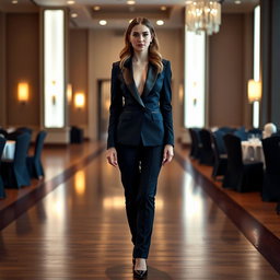 A full-length portrait of a young woman in formal attire, featuring a sleek navy blue tuxedo with tailored fit and satin lapels