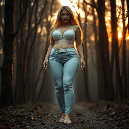 A beautiful, stunning, sexy hourglass-shaped girl with medium breasts, very wide bulging hips, thick round fat thighs, long shapely thick legs, and bare feet, walking barefoot through a haunted forest at sunrise