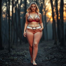 A beautiful, stunning, sexy hourglass-shaped girl with medium breasts, very wide bulging hips, thick round fat thighs, long shapely thick legs, and bare feet, walking barefoot through a haunted forest at sunrise