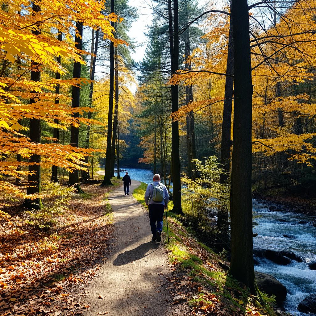 A peaceful hiking trail through a lush forest during autumn, with vibrant orange and yellow leaves, dappled sunlight filtering through the tree branches, and a serene river flowing nearby