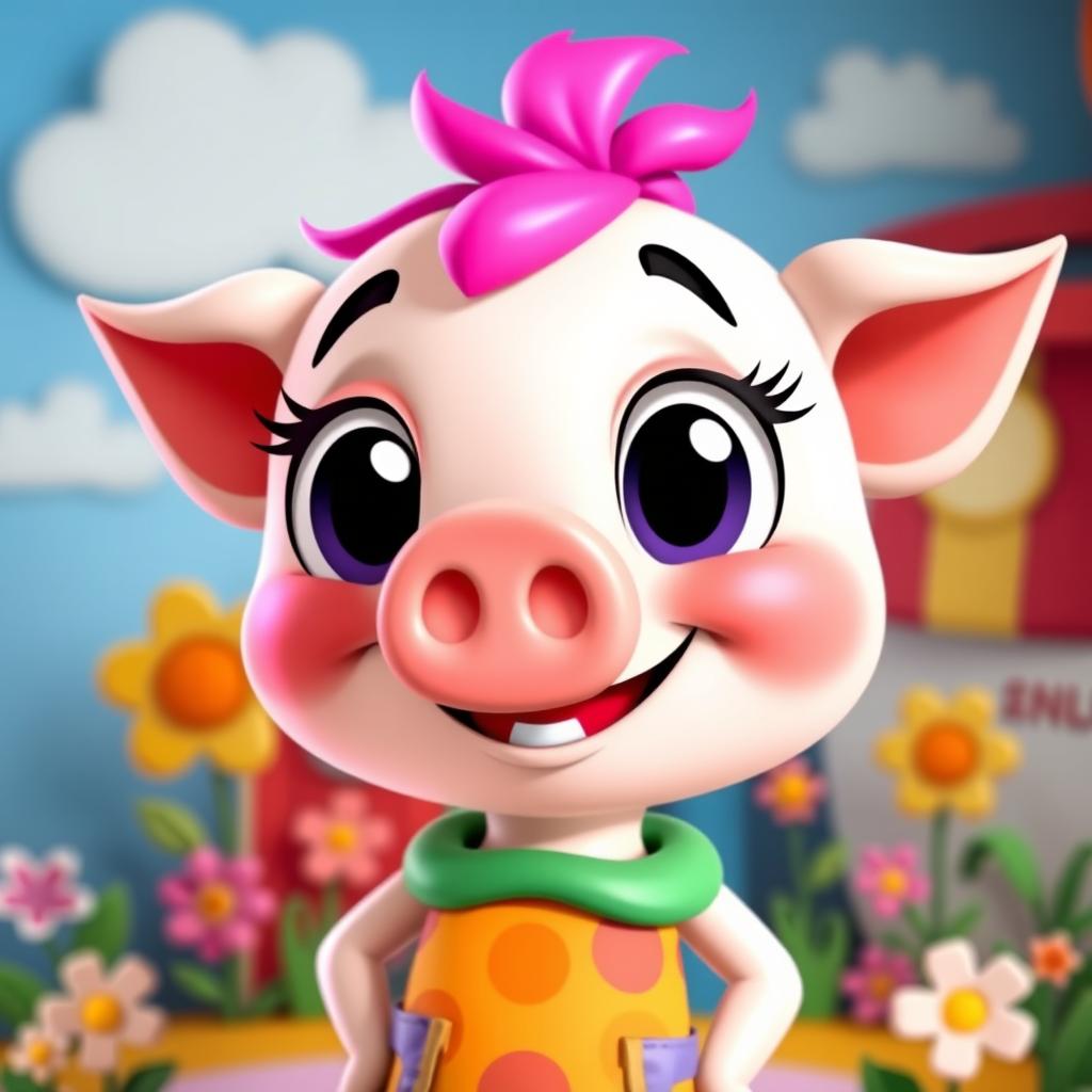 A whimsical cartoon character with a pig-like nose, vividly styled with exaggerated features, bright colors, and a playful expression