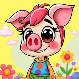 A whimsical cartoon character with a pig-like nose, vividly styled with exaggerated features, bright colors, and a playful expression