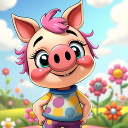 A whimsical cartoon character with a pig-like nose, vividly styled with exaggerated features, bright colors, and a playful expression