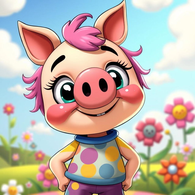 A whimsical cartoon character with a pig-like nose, vividly styled with exaggerated features, bright colors, and a playful expression