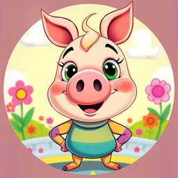 A whimsical cartoon character with a pig-like nose, vividly styled with exaggerated features, bright colors, and a playful expression