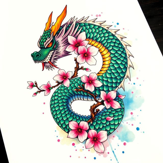 A vibrant and detailed tattoo design showcasing a majestic dragon entwined around a blossoming cherry blossom tree