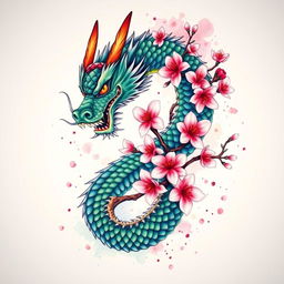 A vibrant and detailed tattoo design showcasing a majestic dragon entwined around a blossoming cherry blossom tree