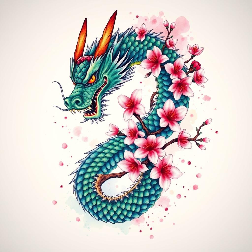A vibrant and detailed tattoo design showcasing a majestic dragon entwined around a blossoming cherry blossom tree