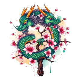 A vibrant and detailed tattoo design showcasing a majestic dragon entwined around a blossoming cherry blossom tree