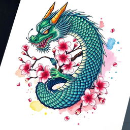 A vibrant and detailed tattoo design showcasing a majestic dragon entwined around a blossoming cherry blossom tree