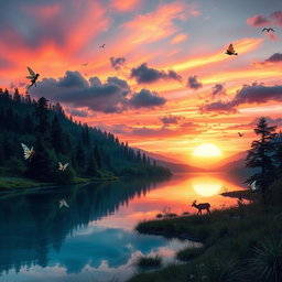 A dreamy, surreal landscape at dusk featuring a vibrant sunset with hues of orange, pink, and purple blending into the sky