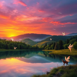 A dreamy, surreal landscape at dusk featuring a vibrant sunset with hues of orange, pink, and purple blending into the sky