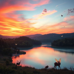 A dreamy, surreal landscape at dusk featuring a vibrant sunset with hues of orange, pink, and purple blending into the sky