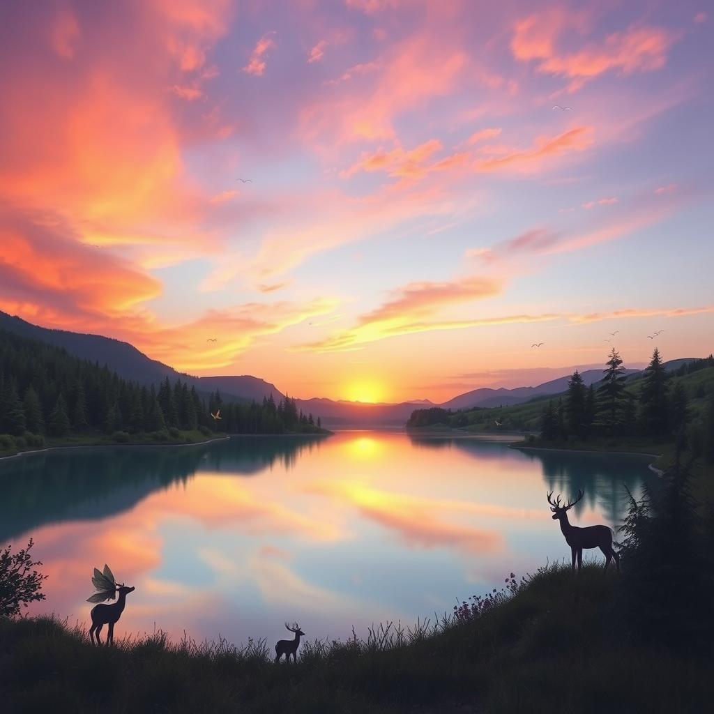 A dreamy, surreal landscape at dusk featuring a vibrant sunset with hues of orange, pink, and purple blending into the sky