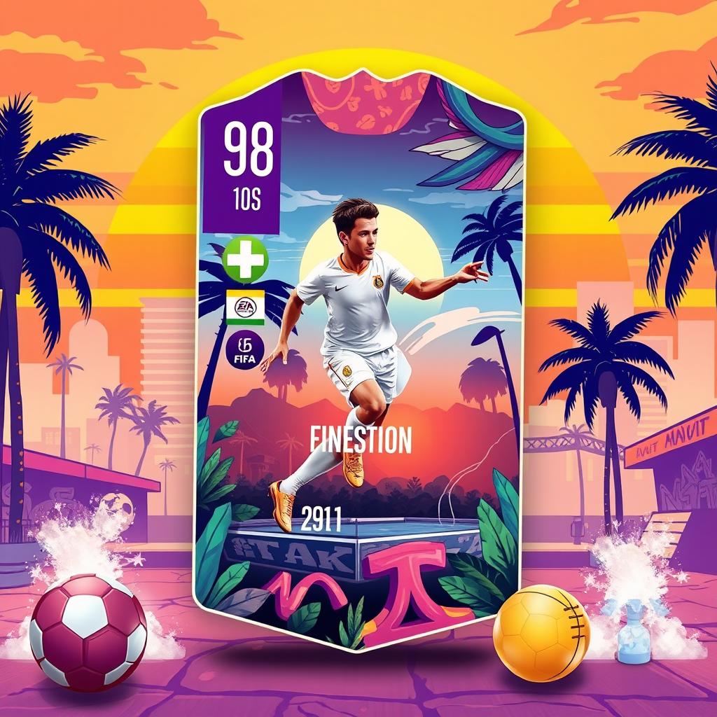 A FIFA Mobile card design featuring vibrant summer themes, with elements like palm trees, bright sun, and beach accessories