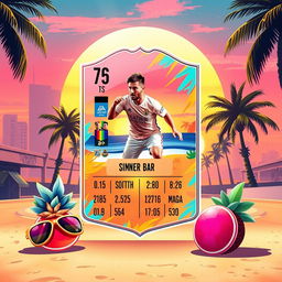 A FIFA Mobile card design featuring vibrant summer themes, with elements like palm trees, bright sun, and beach accessories