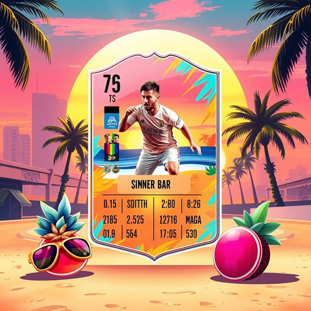 A FIFA Mobile card design featuring vibrant summer themes, with elements like palm trees, bright sun, and beach accessories