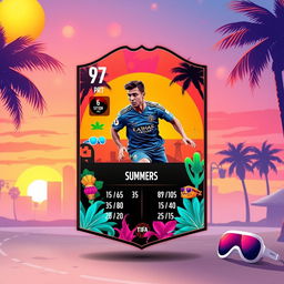 A FIFA Mobile card design featuring vibrant summer themes, with elements like palm trees, bright sun, and beach accessories