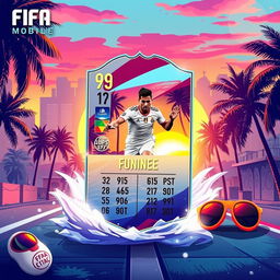 A FIFA Mobile card design featuring vibrant summer themes, with elements like palm trees, bright sun, and beach accessories