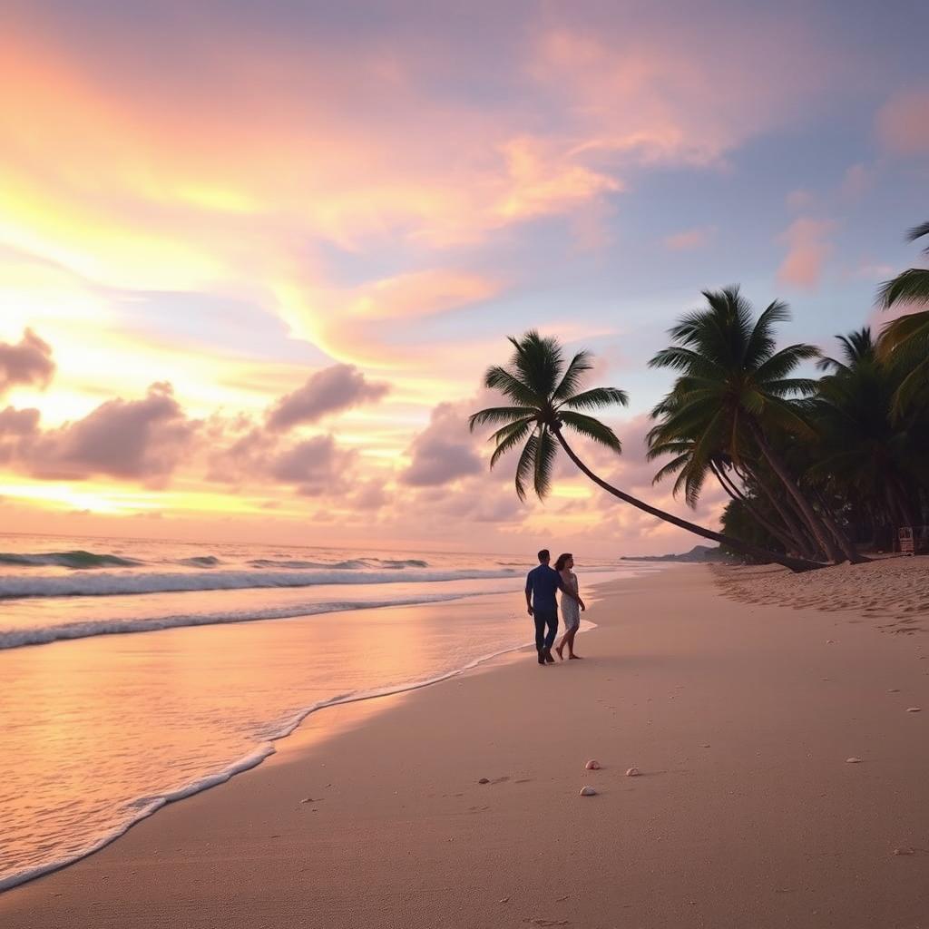 A tranquil beach scene at sunset, with soft waves lapping at the shore and a vibrant sky filled with hues of orange, pink, and purple, creating a serene atmosphere