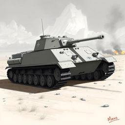 A detailed 2D drawing of a Maus tank, showcasing its distinctive features such as the large, boxy body, impressive turret, and tracks