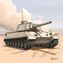 A detailed 2D drawing of a Maus tank, showcasing its distinctive features such as the large, boxy body, impressive turret, and tracks