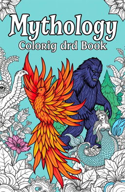 A captivating book cover for a coloring book focusing on mythology, cryptids, and folklore