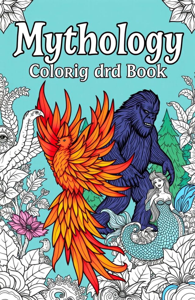 A captivating book cover for a coloring book focusing on mythology, cryptids, and folklore