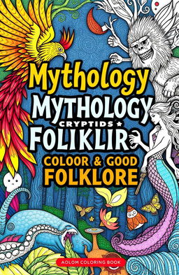 A captivating book cover for a coloring book focusing on mythology, cryptids, and folklore