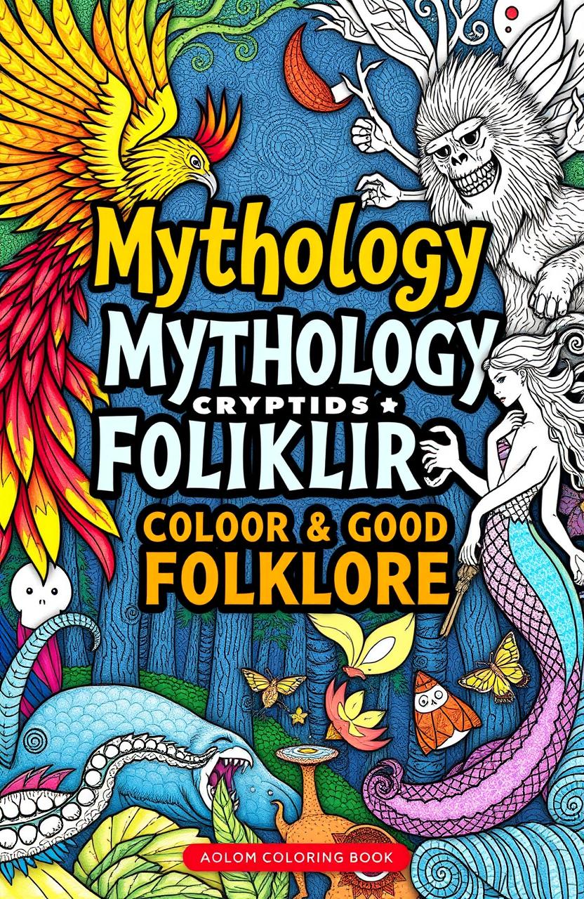 A captivating book cover for a coloring book focusing on mythology, cryptids, and folklore