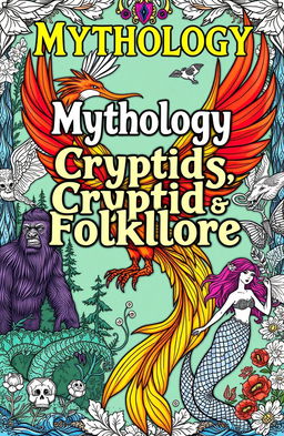 A captivating book cover for a coloring book focusing on mythology, cryptids, and folklore