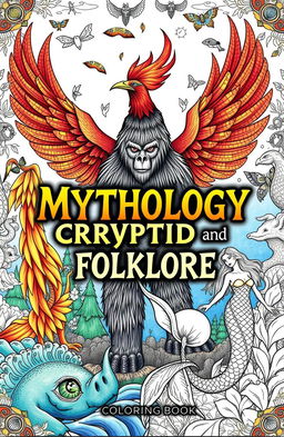 A captivating book cover for a coloring book focusing on mythology, cryptids, and folklore