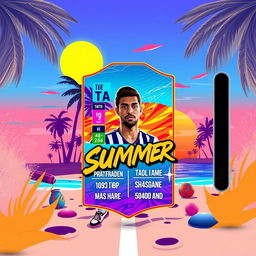 A FIFA Mobile card design featuring a summer theme with vibrant colors, showcasing elements like sun, beach, and tropical vibes