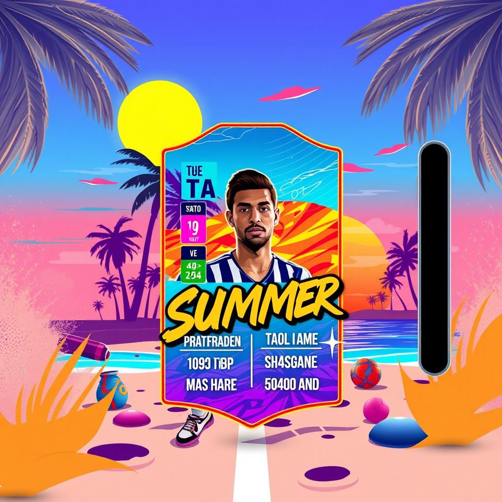 A FIFA Mobile card design featuring a summer theme with vibrant colors, showcasing elements like sun, beach, and tropical vibes