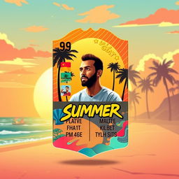 A FIFA Mobile card design featuring a summer theme with vibrant colors, showcasing elements like sun, beach, and tropical vibes