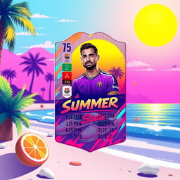A FIFA Mobile card design featuring a summer theme with vibrant colors, showcasing elements like sun, beach, and tropical vibes