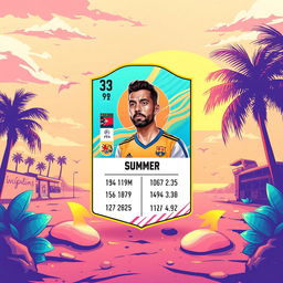 A FIFA Mobile card design featuring a summer theme with vibrant colors, showcasing elements like sun, beach, and tropical vibes