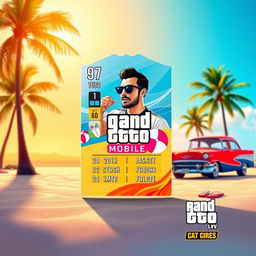 A vibrant FIFA Mobile card design set against a summery backdrop infused with GTA vibes, featuring a sunny beach scene with palm trees, a classic car parked nearby, and a clear blue sky