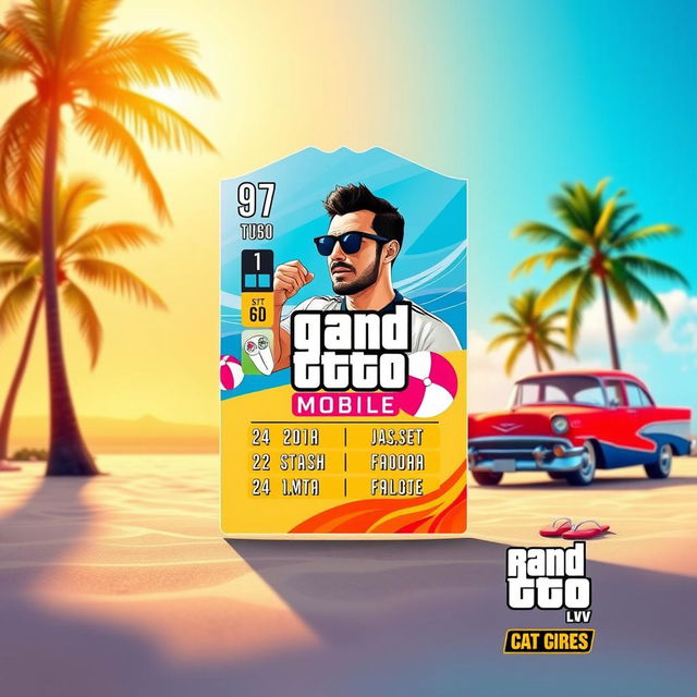 A vibrant FIFA Mobile card design set against a summery backdrop infused with GTA vibes, featuring a sunny beach scene with palm trees, a classic car parked nearby, and a clear blue sky