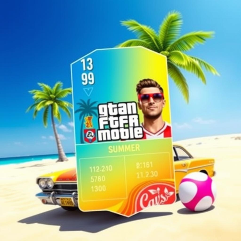 A vibrant FIFA Mobile card design set against a summery backdrop infused with GTA vibes, featuring a sunny beach scene with palm trees, a classic car parked nearby, and a clear blue sky