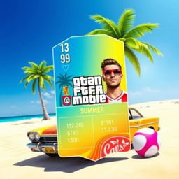 A vibrant FIFA Mobile card design set against a summery backdrop infused with GTA vibes, featuring a sunny beach scene with palm trees, a classic car parked nearby, and a clear blue sky