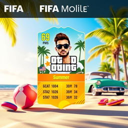 A vibrant FIFA Mobile card design set against a summery backdrop infused with GTA vibes, featuring a sunny beach scene with palm trees, a classic car parked nearby, and a clear blue sky
