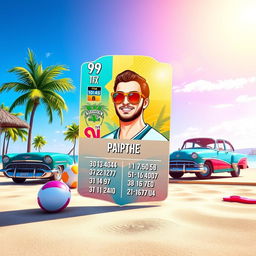 A vibrant FIFA Mobile card design set against a summery backdrop infused with GTA vibes, featuring a sunny beach scene with palm trees, a classic car parked nearby, and a clear blue sky
