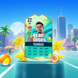 A FIFA Mobile card design featuring a summer theme, vibrant colors like turquoise and bright yellow, with intricate summer elements like palm trees, beach balls, and sun hats