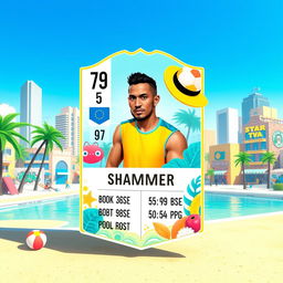 A FIFA Mobile card design featuring a summer theme, vibrant colors like turquoise and bright yellow, with intricate summer elements like palm trees, beach balls, and sun hats