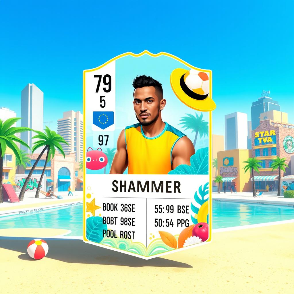 A FIFA Mobile card design featuring a summer theme, vibrant colors like turquoise and bright yellow, with intricate summer elements like palm trees, beach balls, and sun hats