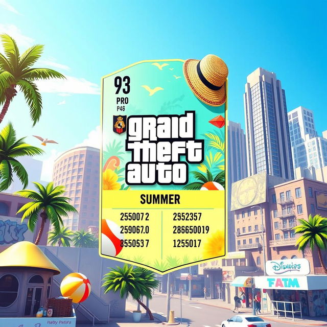 A FIFA Mobile card design featuring a summer theme, vibrant colors like turquoise and bright yellow, with intricate summer elements like palm trees, beach balls, and sun hats