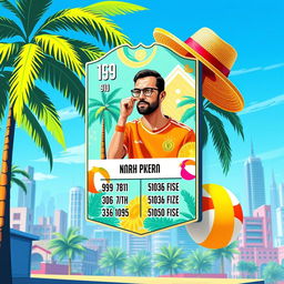 A FIFA Mobile card design featuring a summer theme, vibrant colors like turquoise and bright yellow, with intricate summer elements like palm trees, beach balls, and sun hats