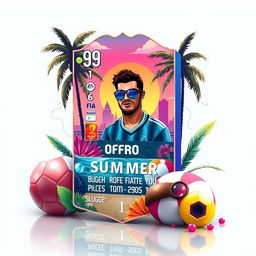 A FIFA Mobile card design featuring summer themes with vibrant colors, showcasing elements like palm trees, beach balls, and sunglasses